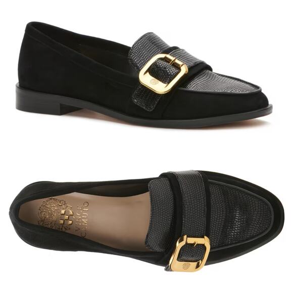 NEW Vince Camuto Cenkanda Black Leather & Suede Gold Buckle Slip On Loafer Flat - Picture 1 of 12